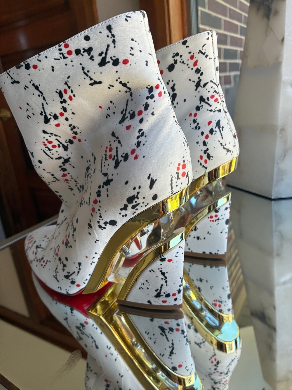 White Paint-Splatter Ankle Boots with Gold Accent - Picture 3 of 5